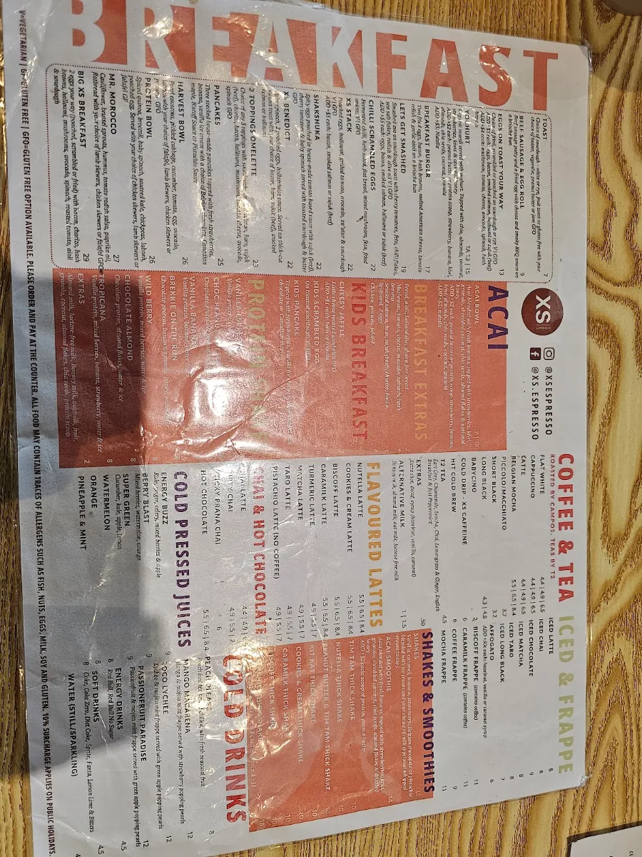 Menu, XS Espresso Prestons