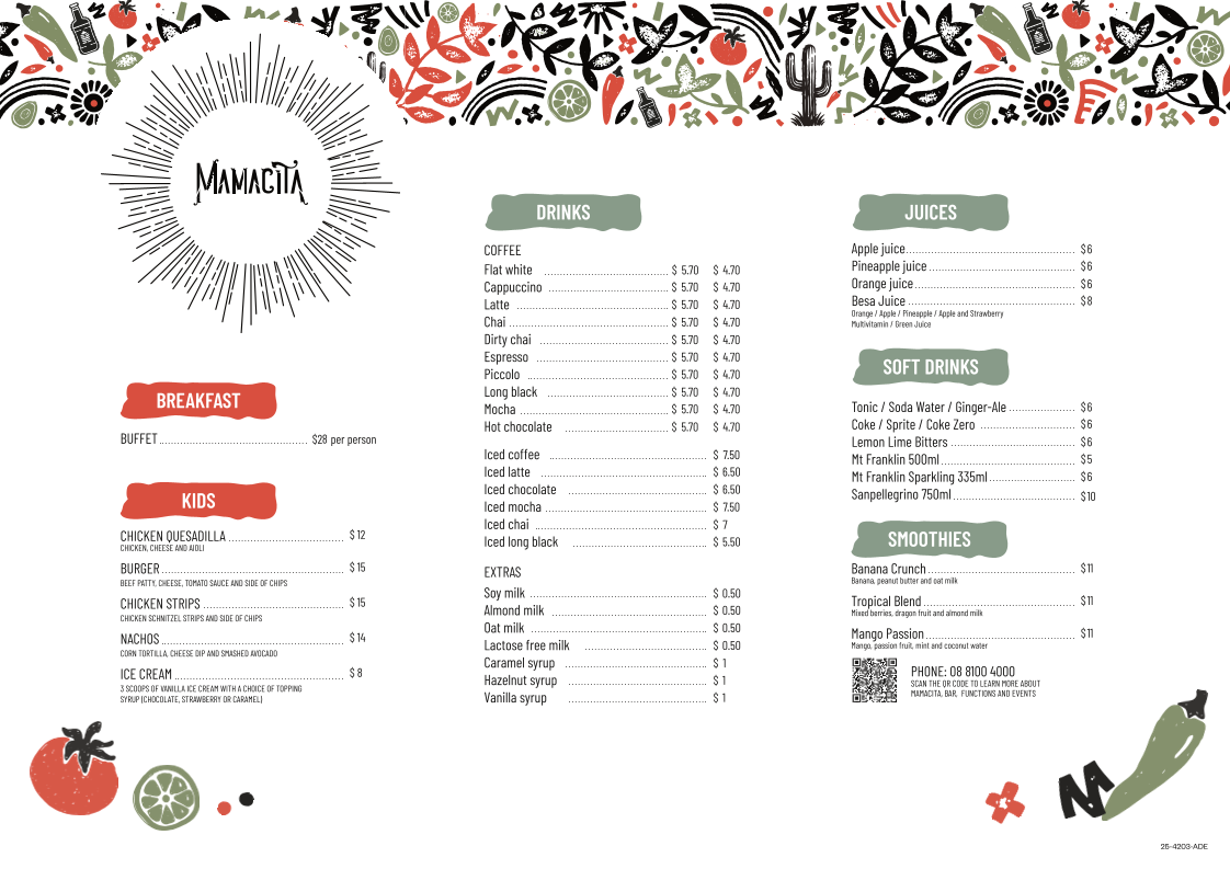 Menu, Mamacita Restaurant and Bar