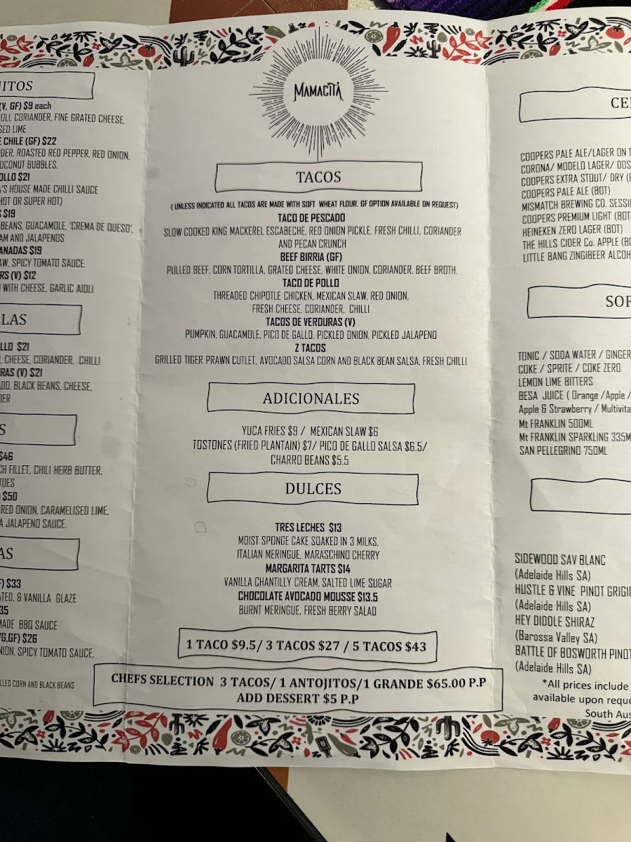 Menu, Mamacita Restaurant and Bar