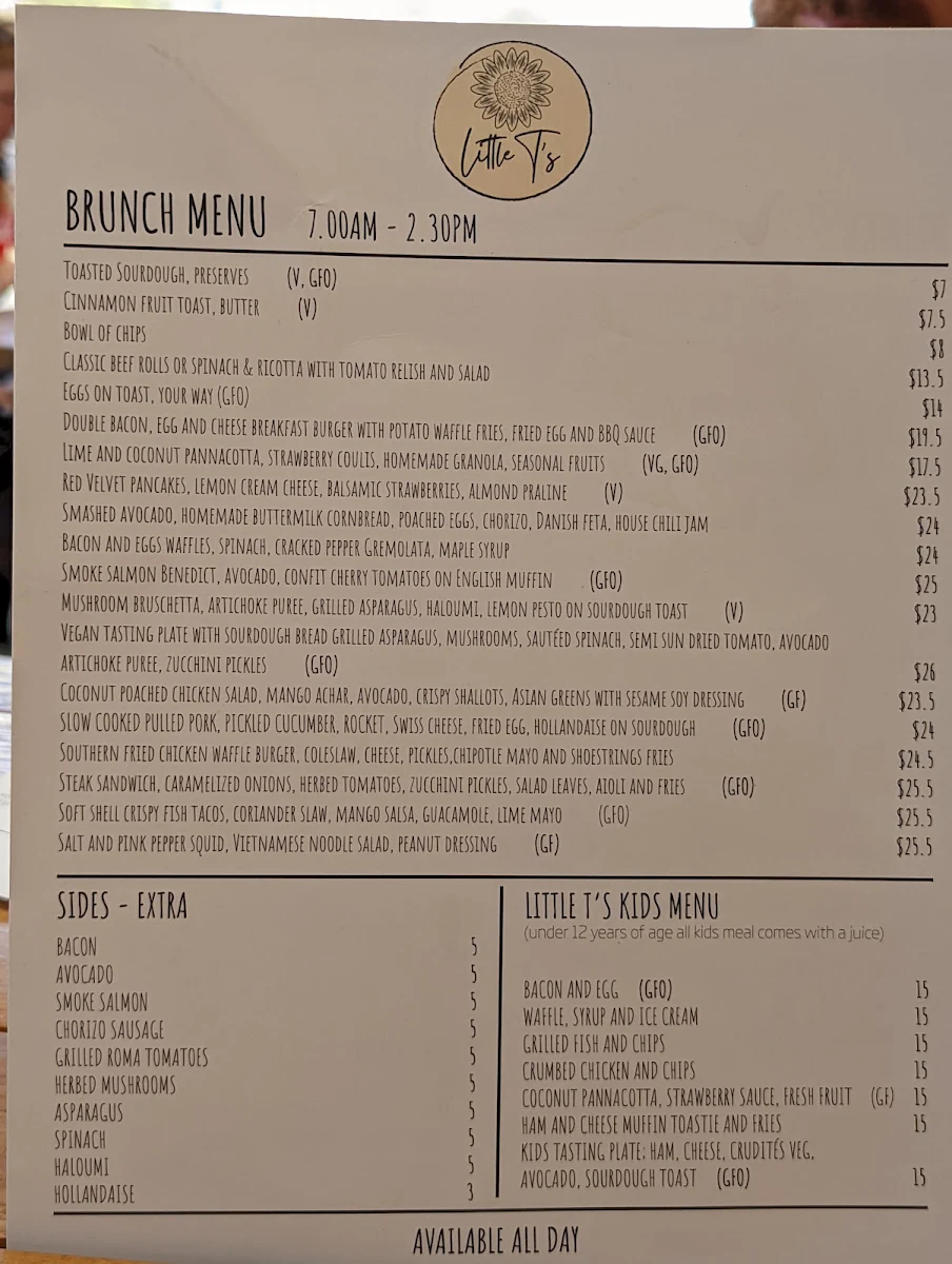 Menu, Little T's Cafe