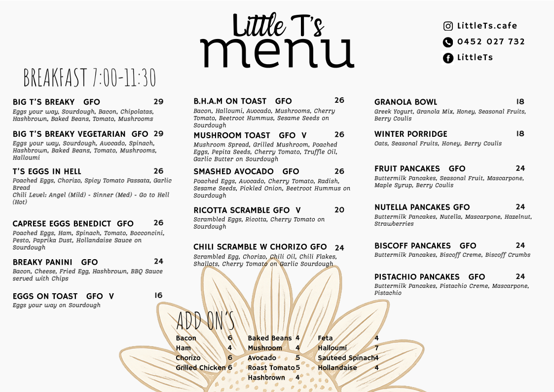 Menu, Little T's Cafe