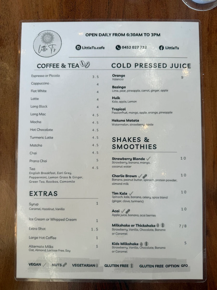 Menu, Little T's Cafe