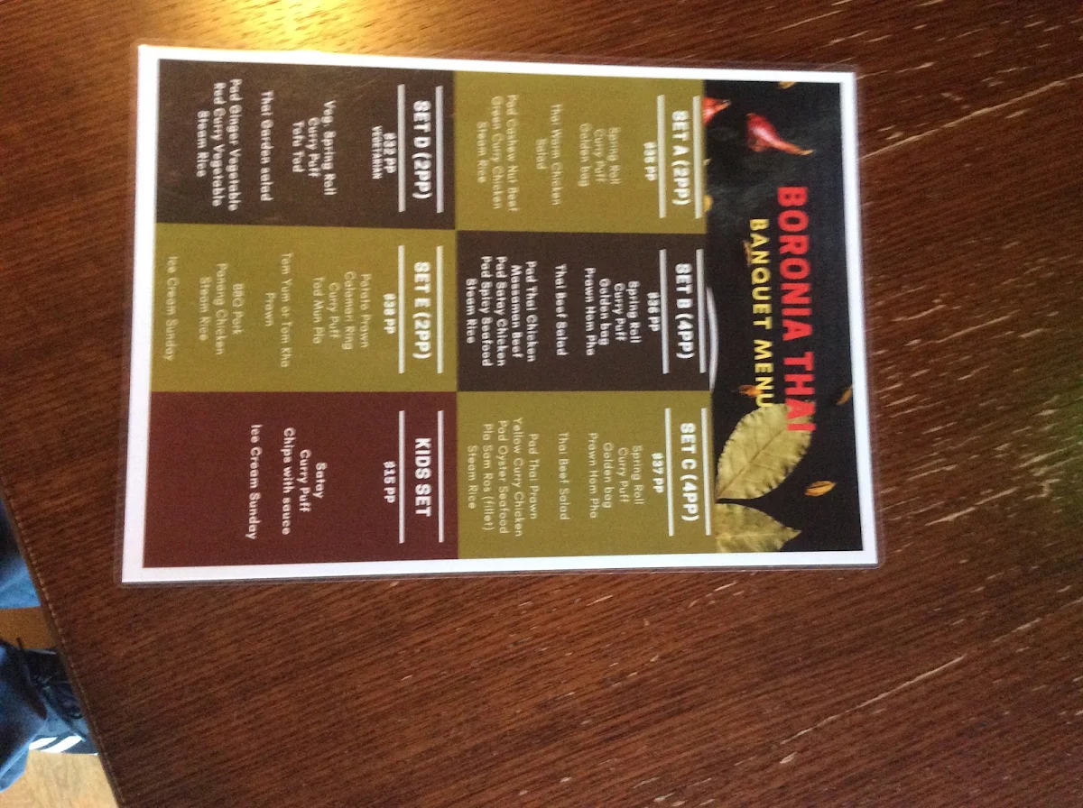Menu, Boronia Thai