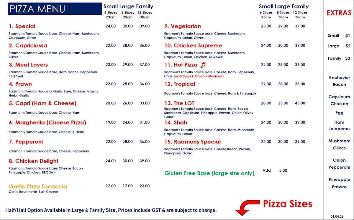 Menu, Raamons Pizza Ballina