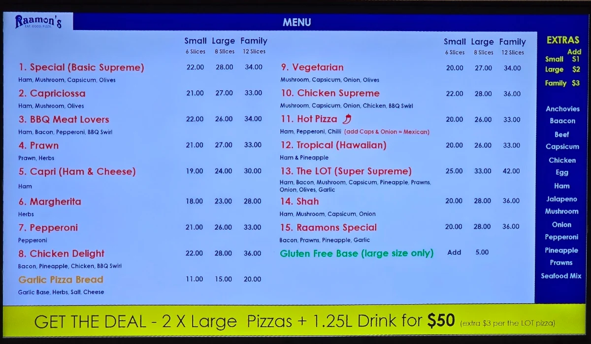 Menu, Raamons Pizza Ballina