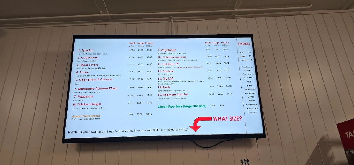 Menu, Raamons Pizza Ballina