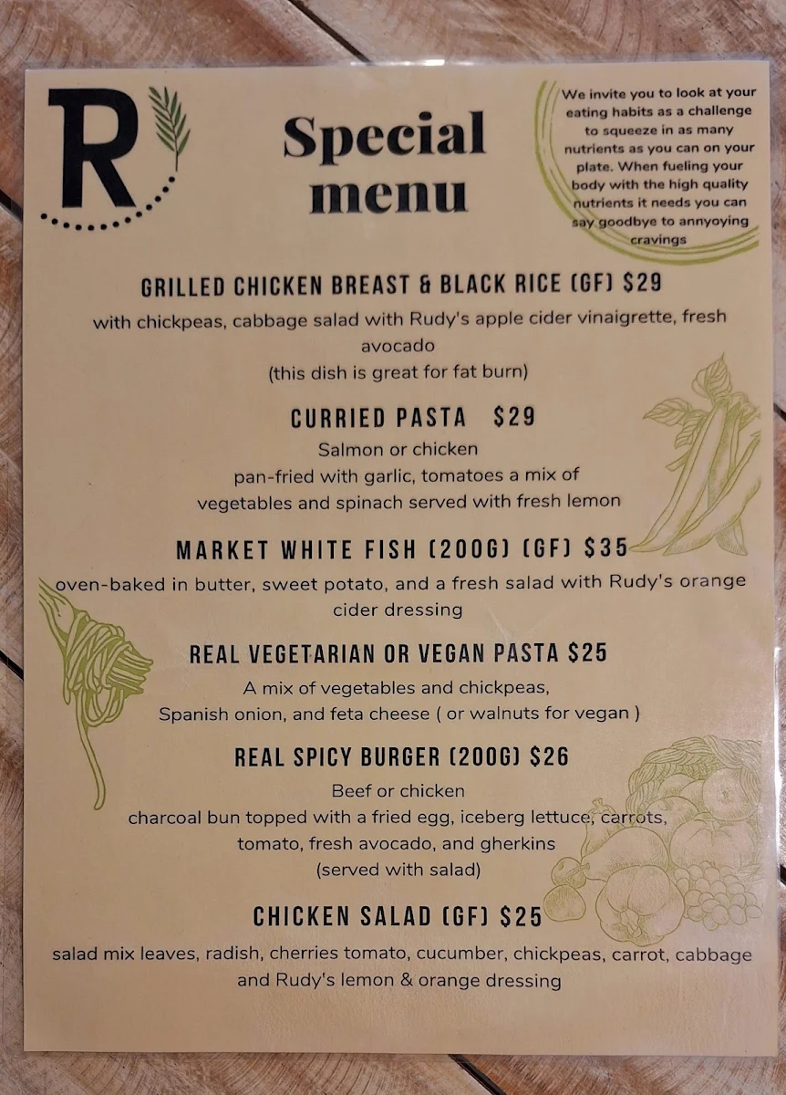 Menu, Rudy's Real food Organic Cafe