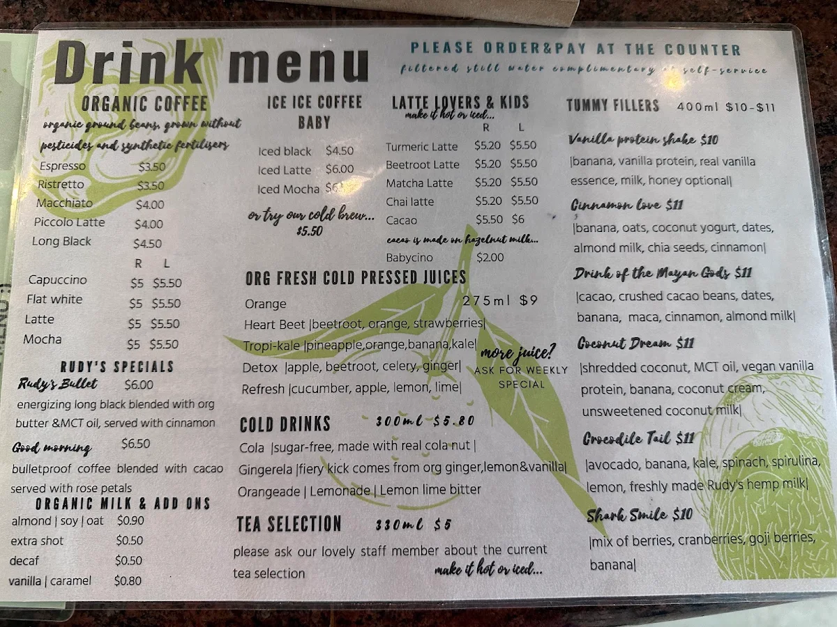 Menu, Rudy's Real food Organic Cafe