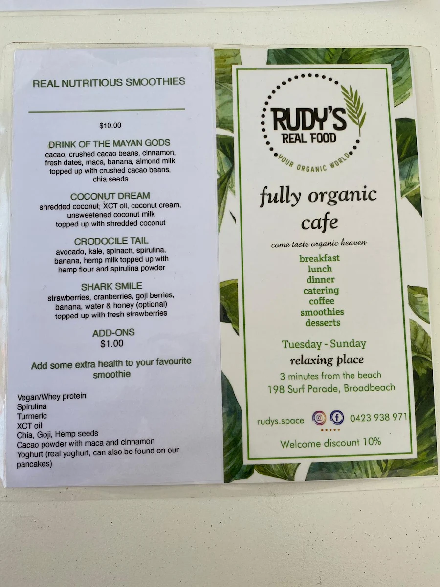Menu, Rudy's Real food Organic Cafe