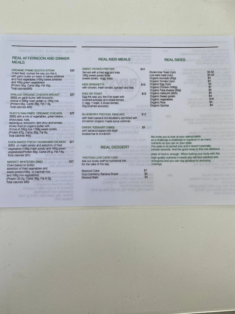 Menu, Rudy's Real food Organic Cafe