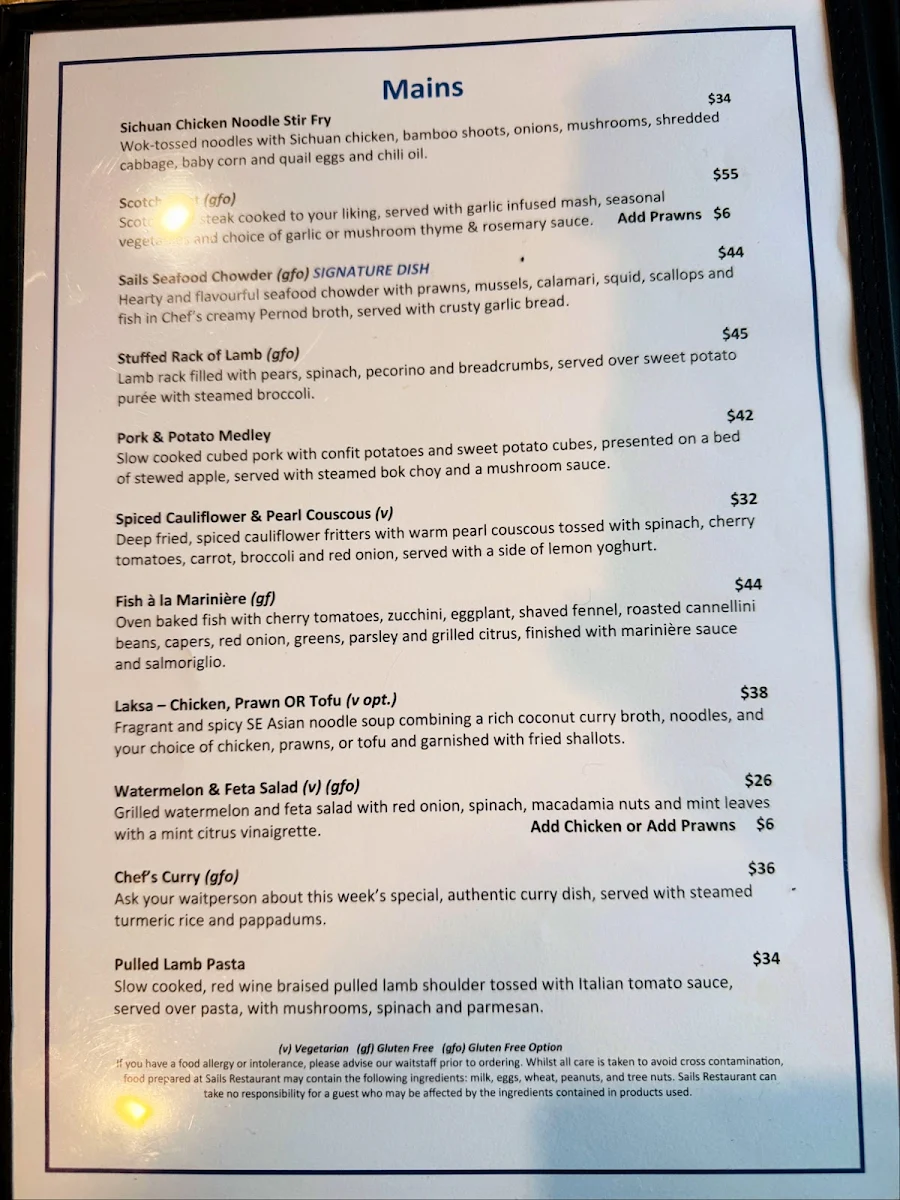 Menu, Sails Restaurant