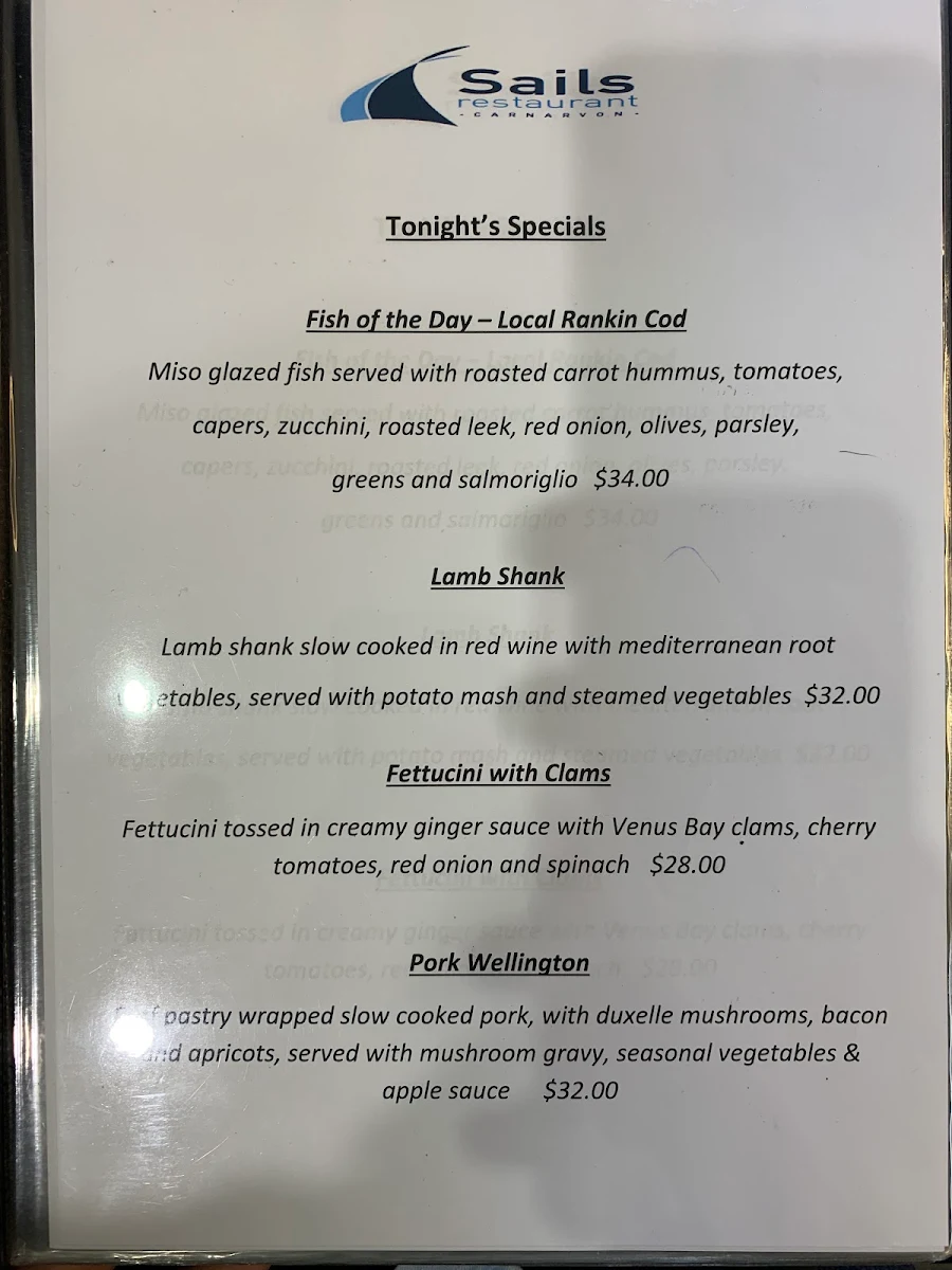 Menu, Sails Restaurant