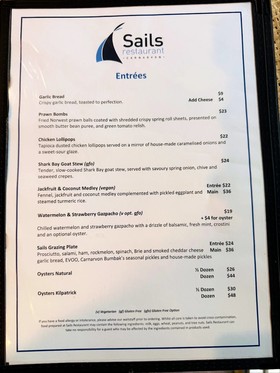 Menu, Sails Restaurant