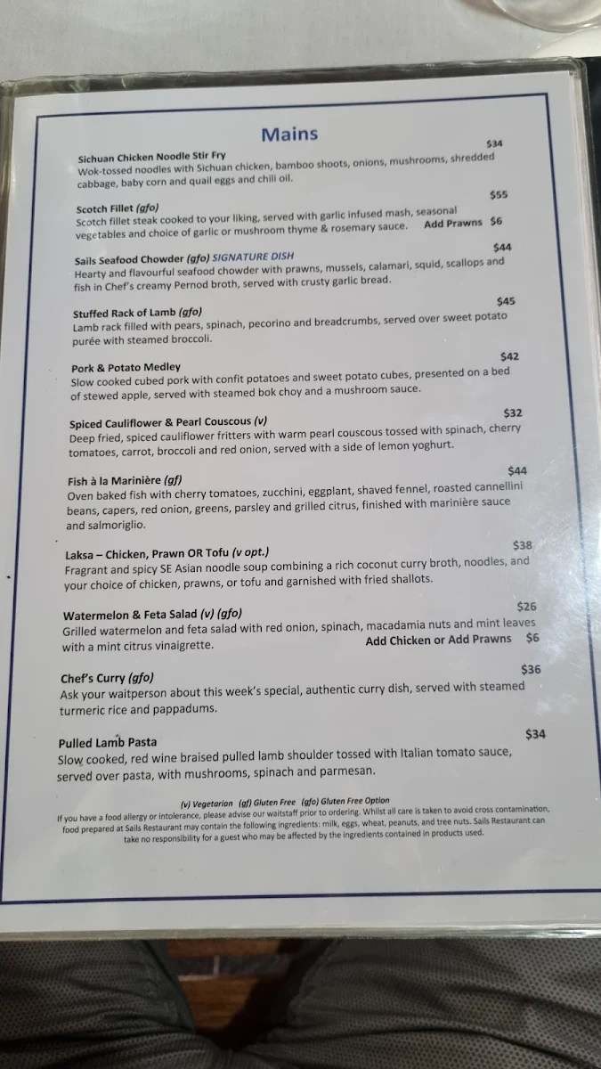Menu, Sails Restaurant