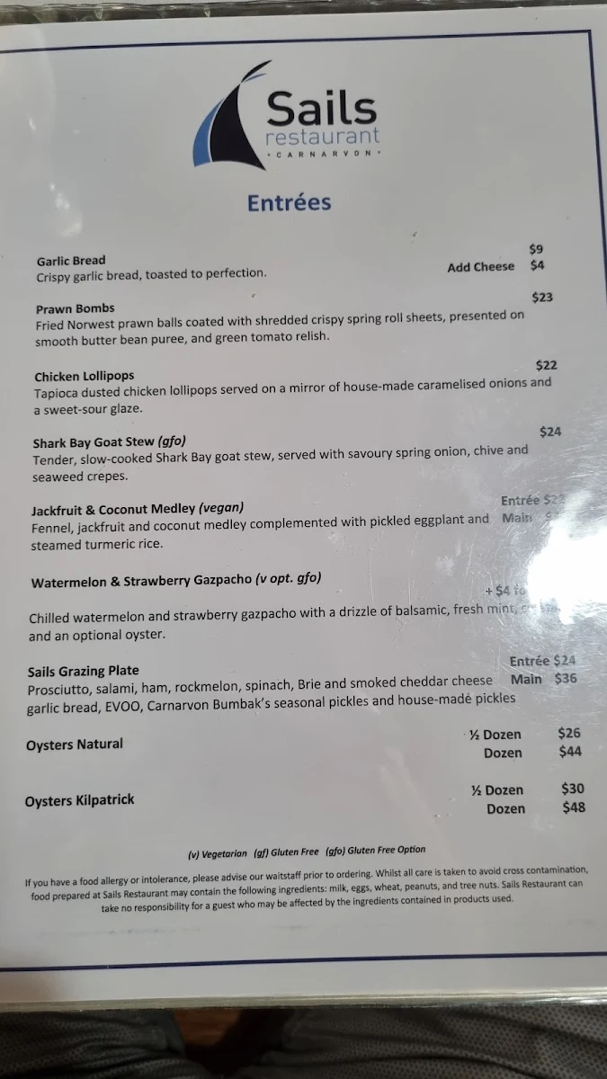Menu, Sails Restaurant
