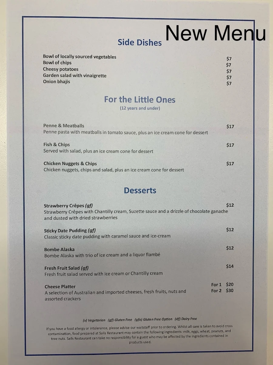 Menu, Sails Restaurant