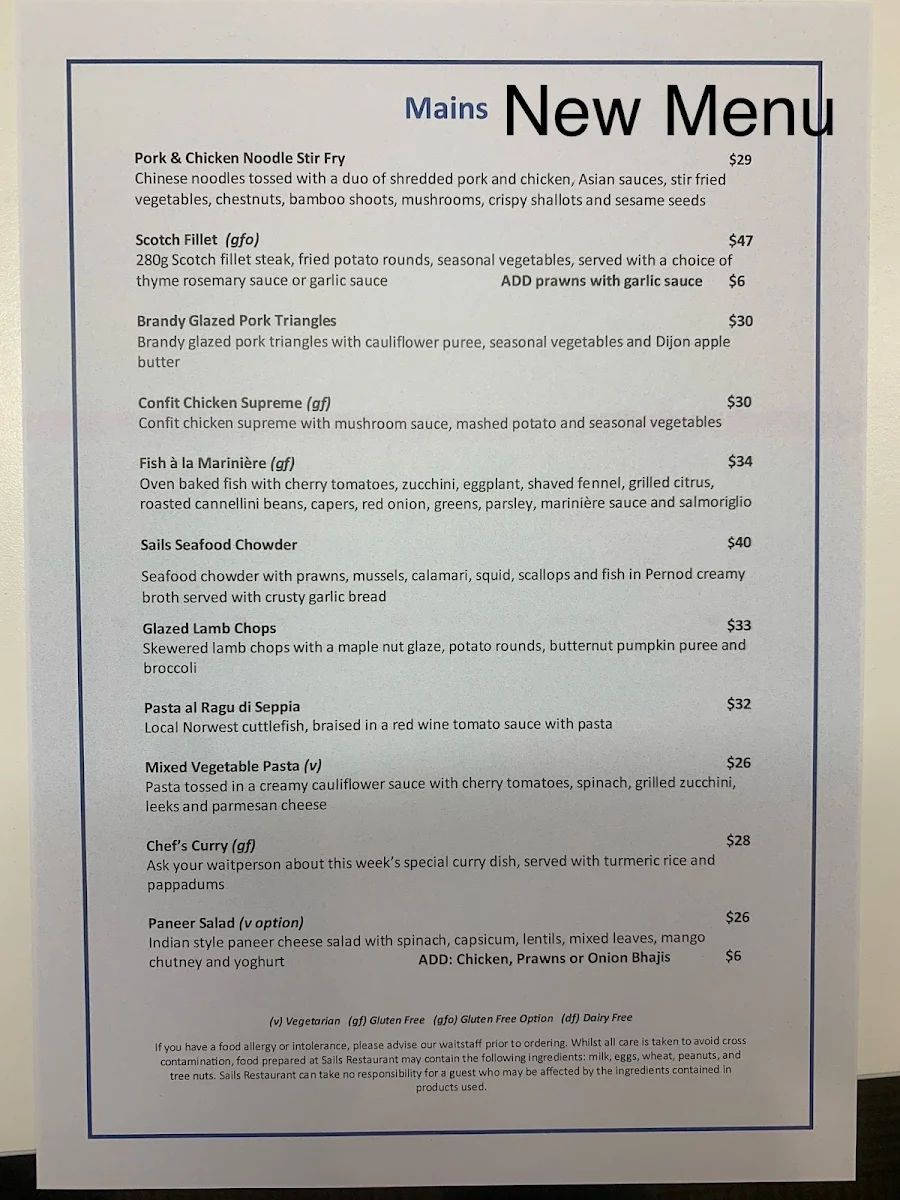 Menu, Sails Restaurant