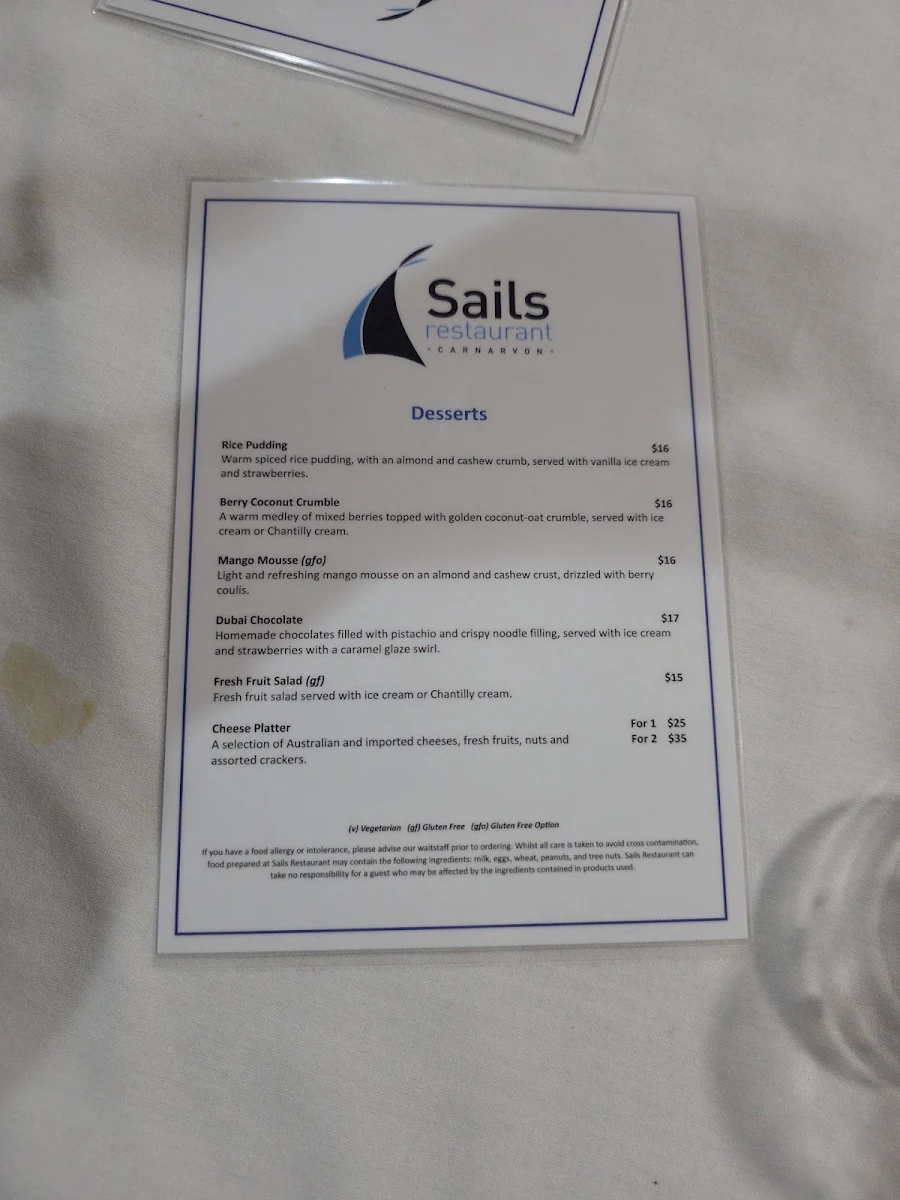 Menu, Sails Restaurant