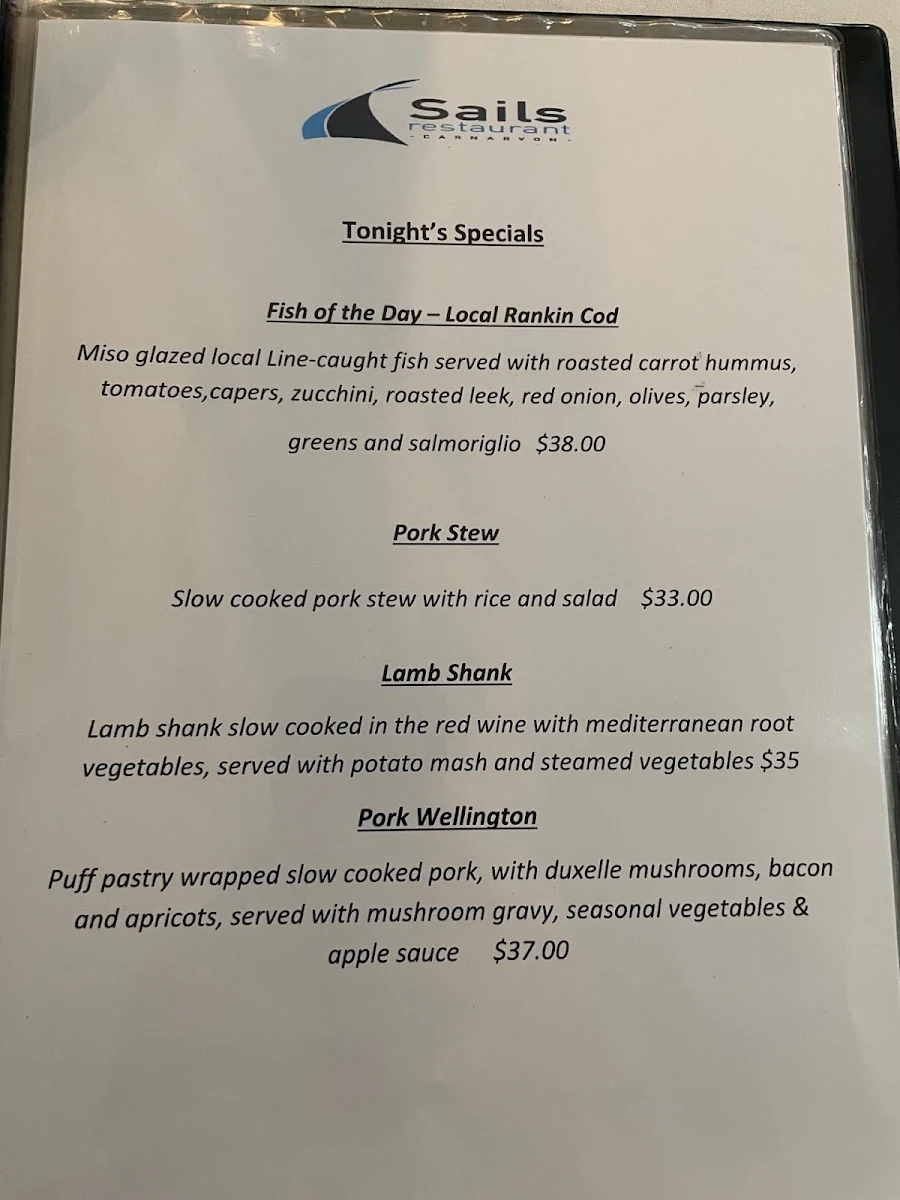 Menu, Sails Restaurant