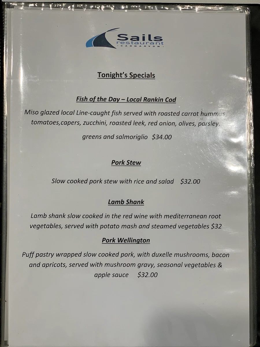 Menu, Sails Restaurant