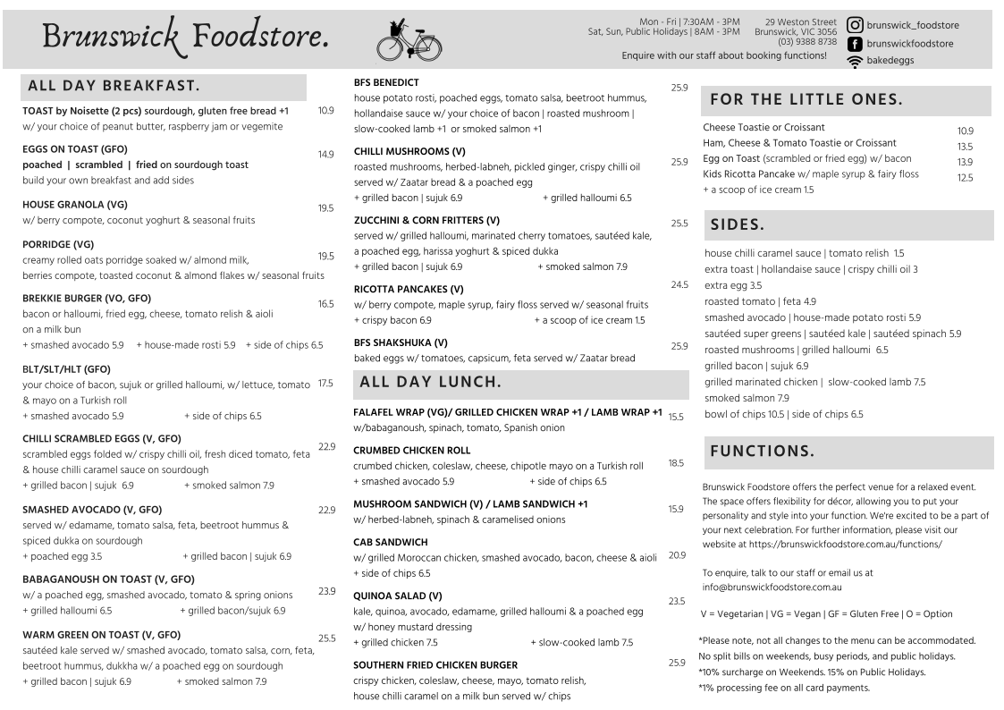 Menu, Brunswick Foodstore