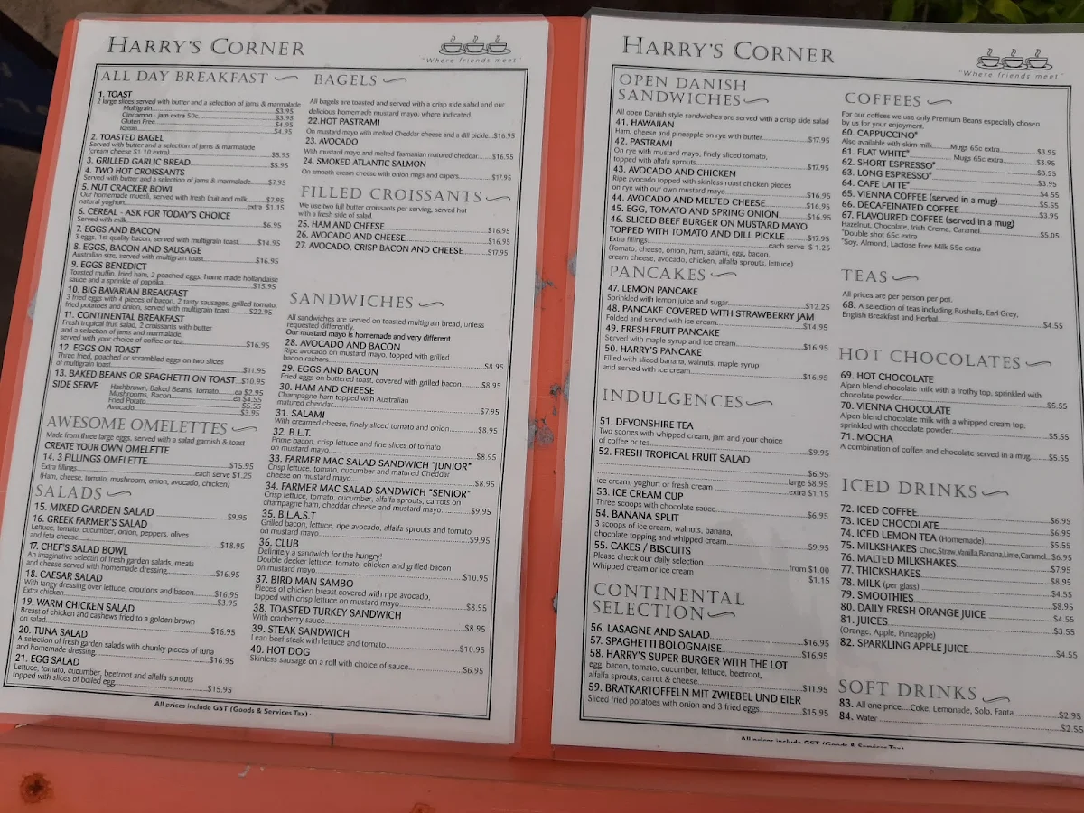 Menu, Harry's Corner Cafe