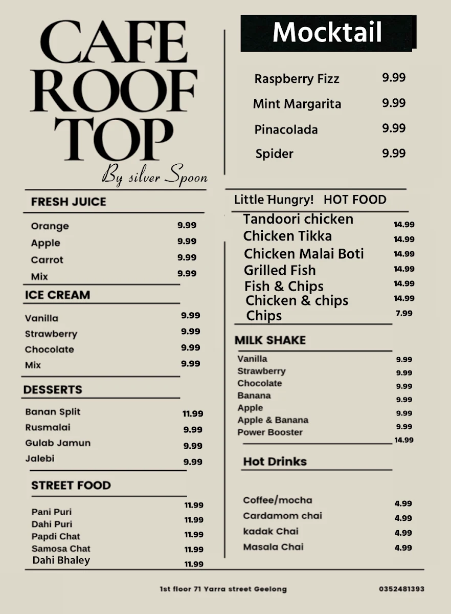 Menu, Silver Spoon Shisha Lounge