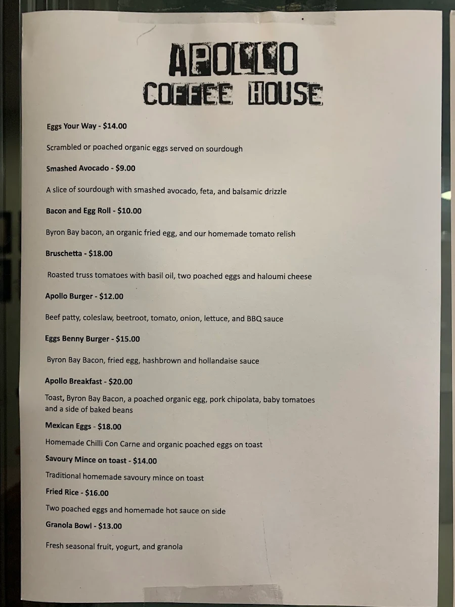 Menu, Apollo Coffee House