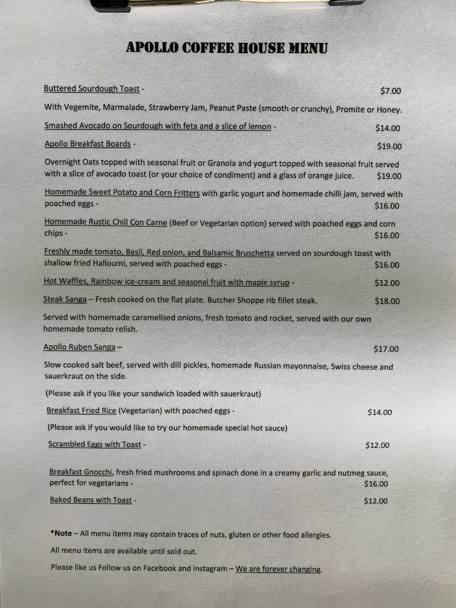 Menu, Apollo Coffee House