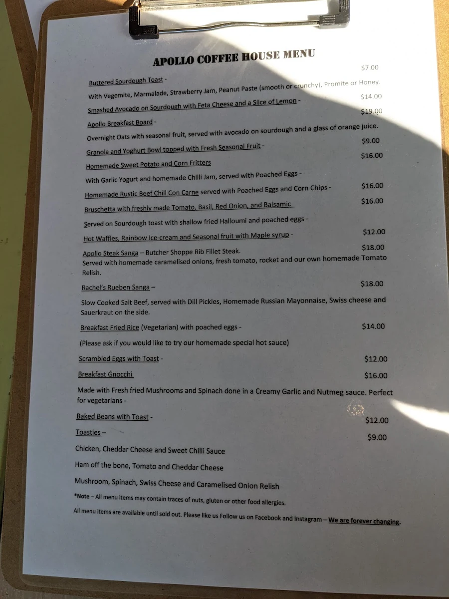 Menu, Apollo Coffee House