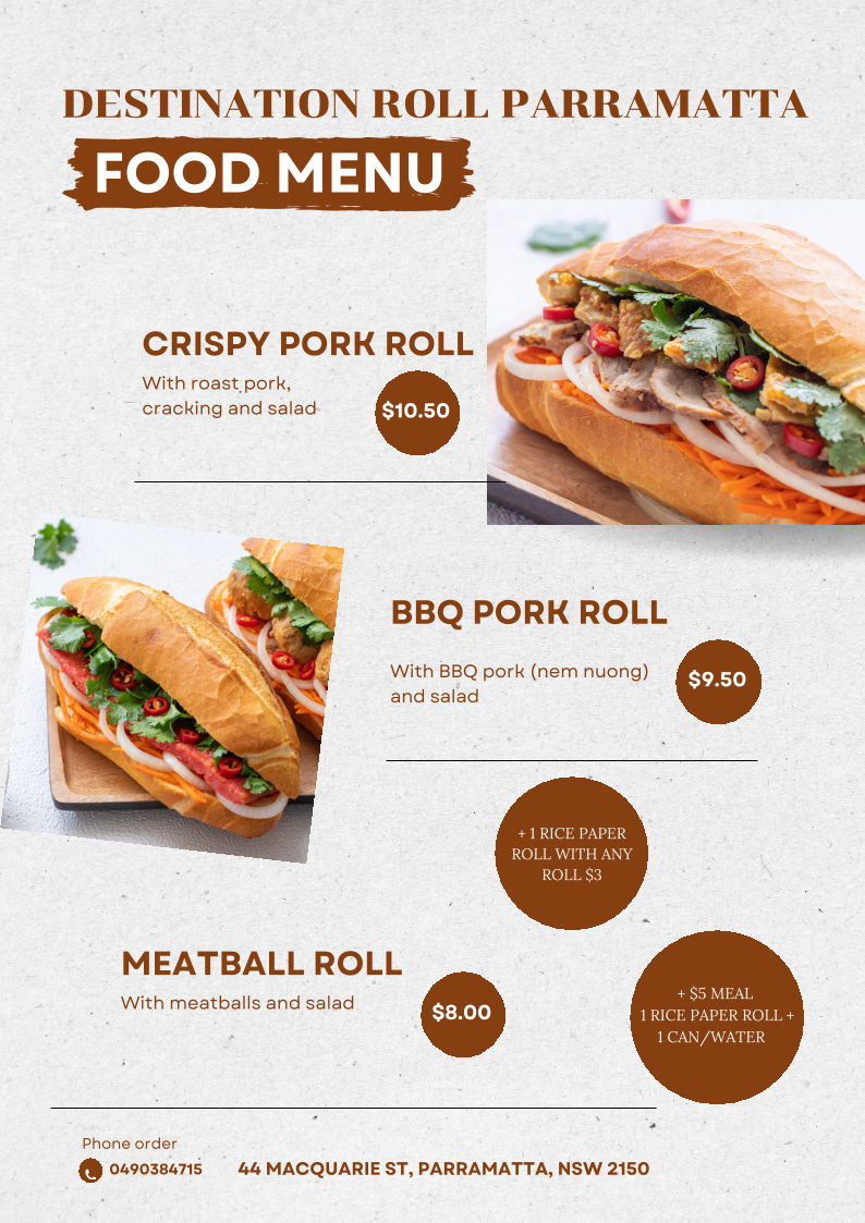 Menu, Destination Roll Parramatta