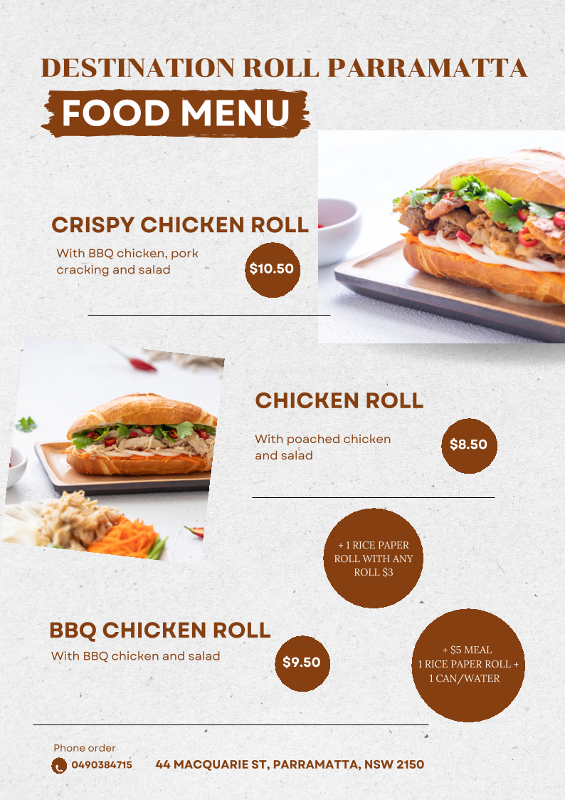 Menu, Destination Roll Parramatta