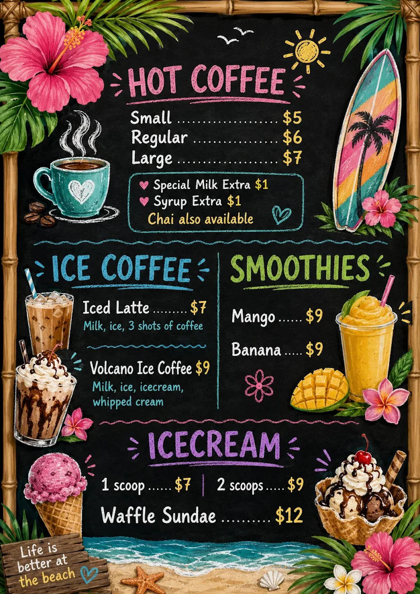 Menu, Haydens Hut Bowen