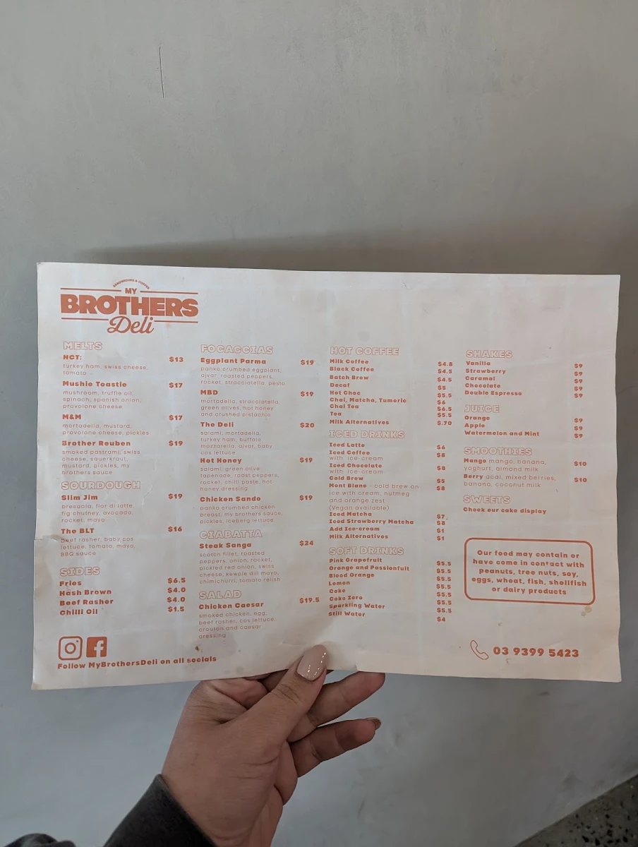 Menu, My Brother's Deli