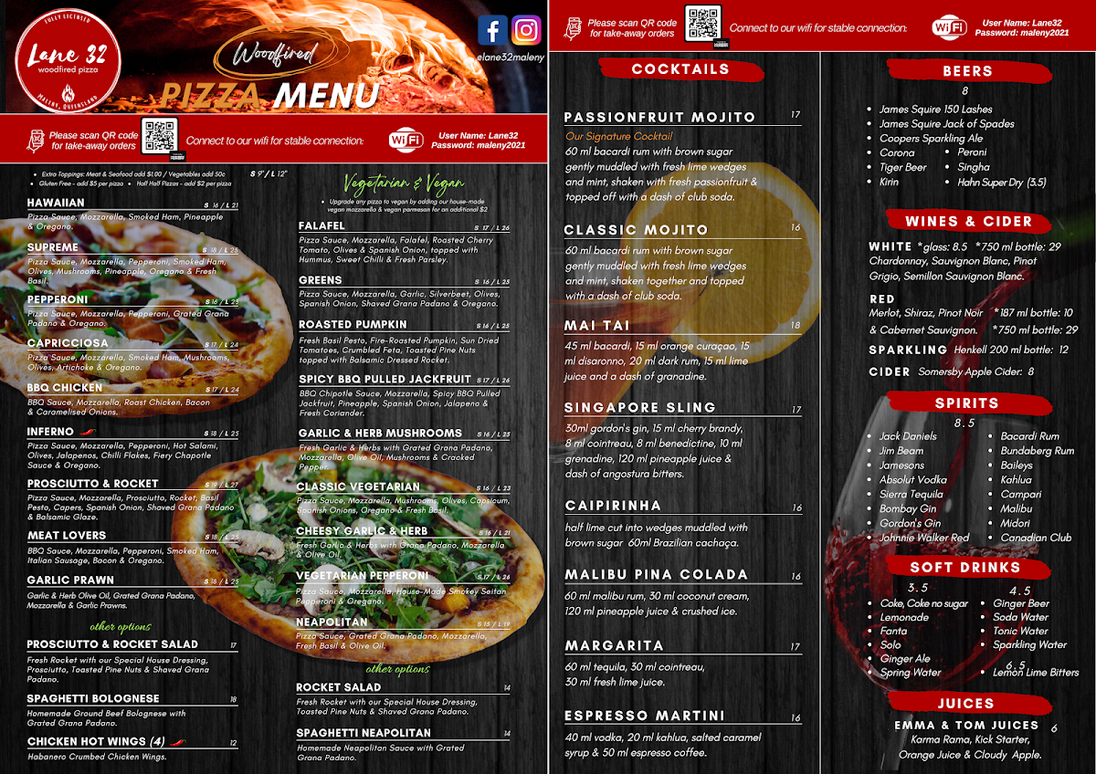 Menu, Lane 32 Woodfired Pizza Maleny