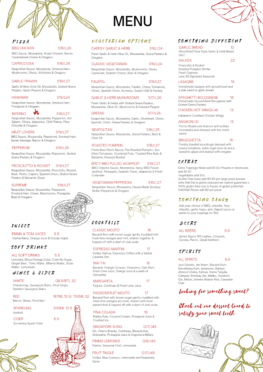 Menu, Lane 32 Woodfired Pizza Maleny