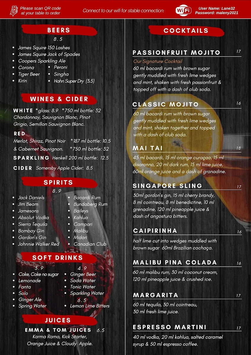 Menu, Lane 32 Woodfired Pizza Maleny