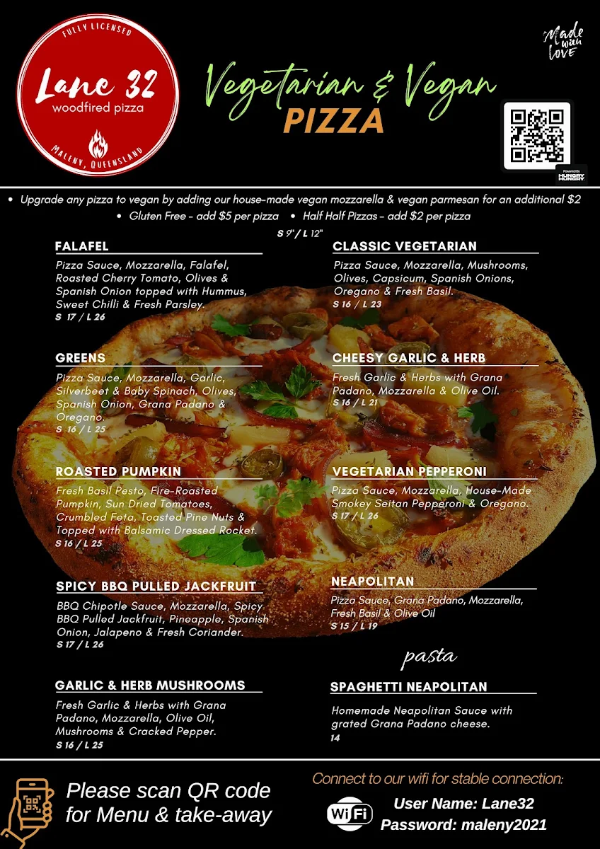 Menu, Lane 32 Woodfired Pizza Maleny
