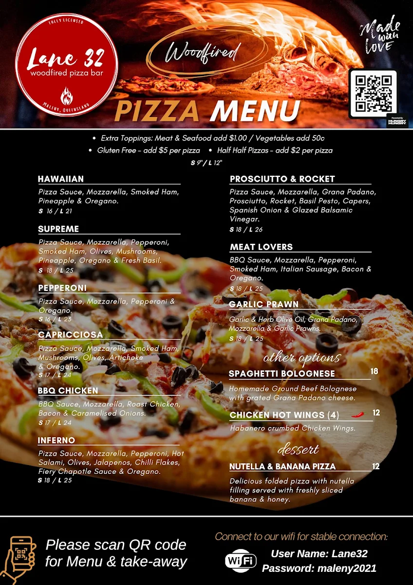 Menu, Lane 32 Woodfired Pizza Maleny