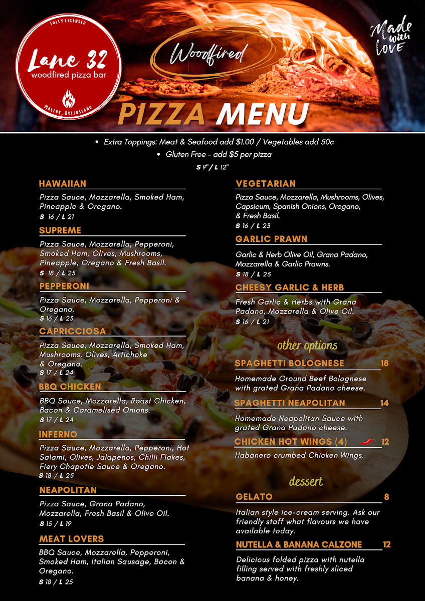Menu, Lane 32 Woodfired Pizza Maleny