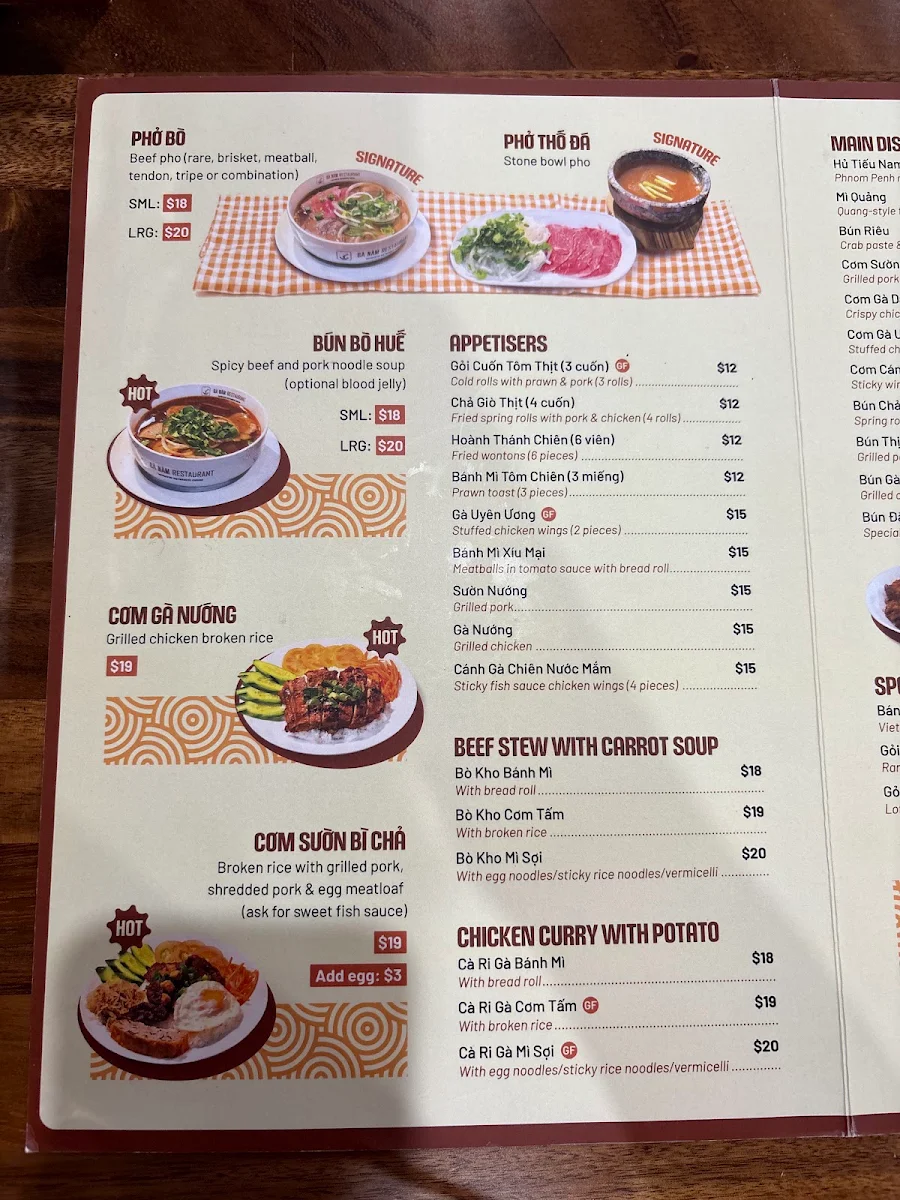 Menu, Ba Nam Restaurant