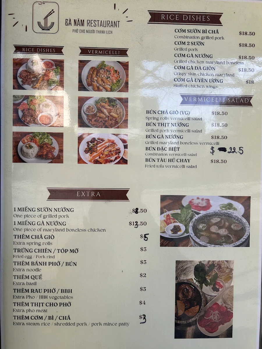 Menu, Ba Nam Restaurant