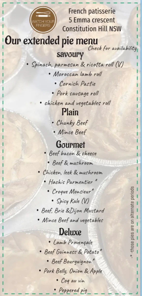 Menu, Watch Your Fingers Patisserie