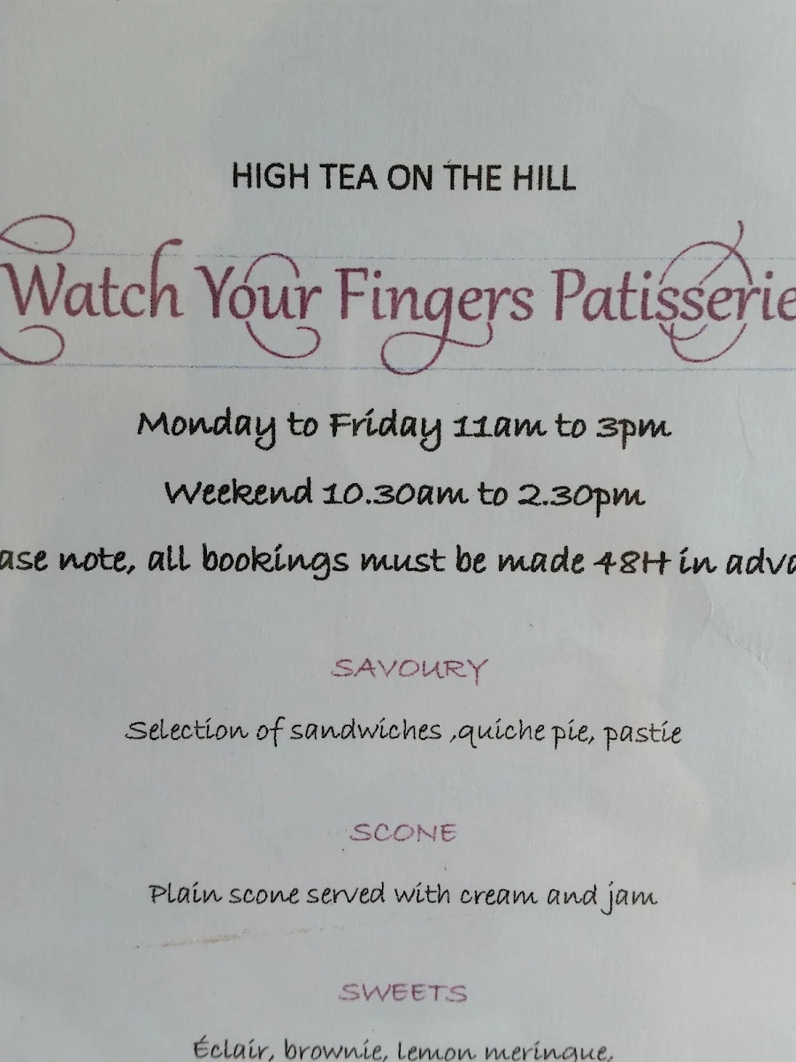 Menu, Watch Your Fingers Patisserie
