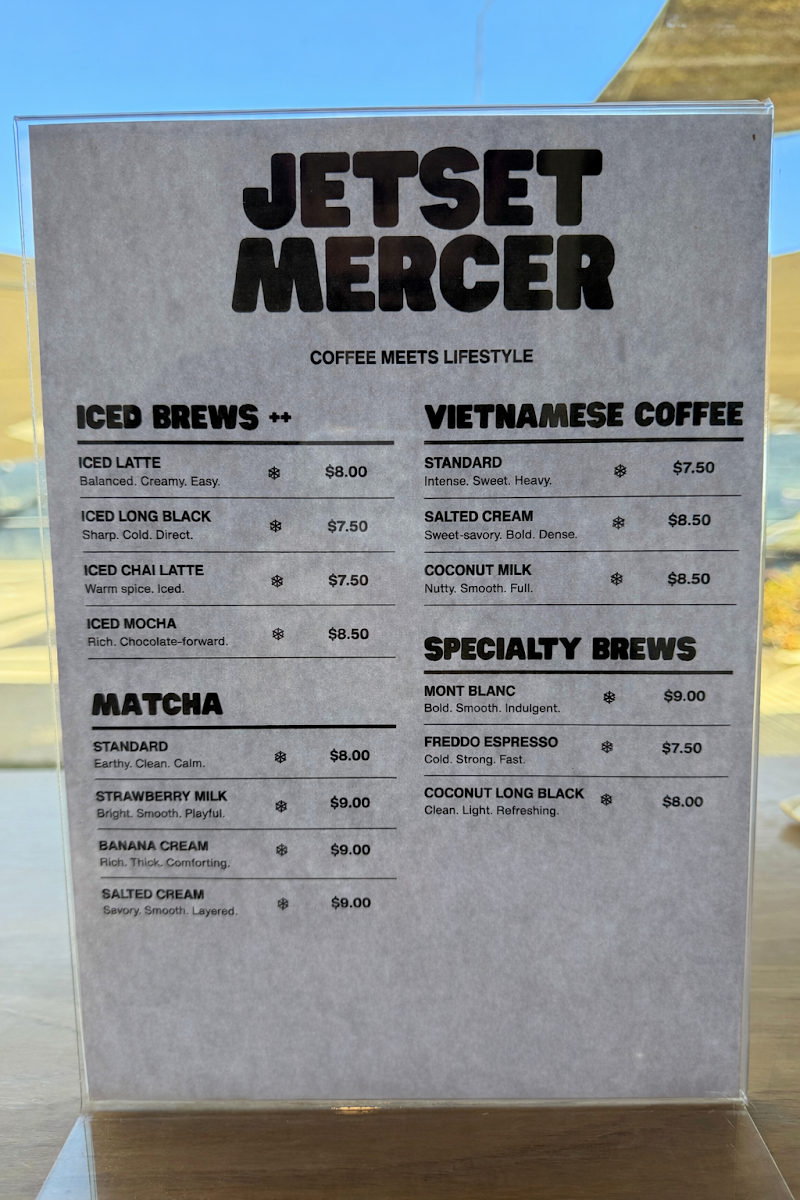 Menu, Jetset Mercer