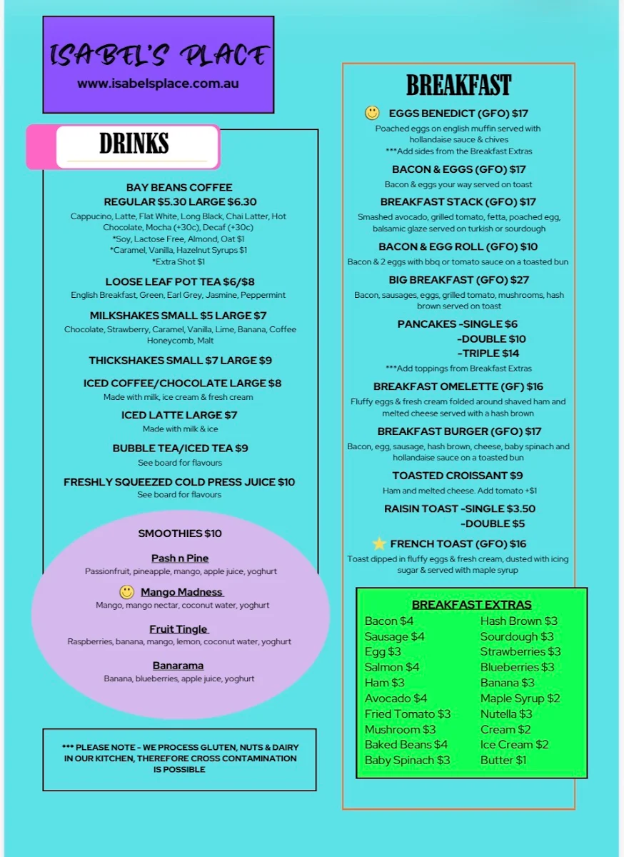 Menu, Isabel’s Place