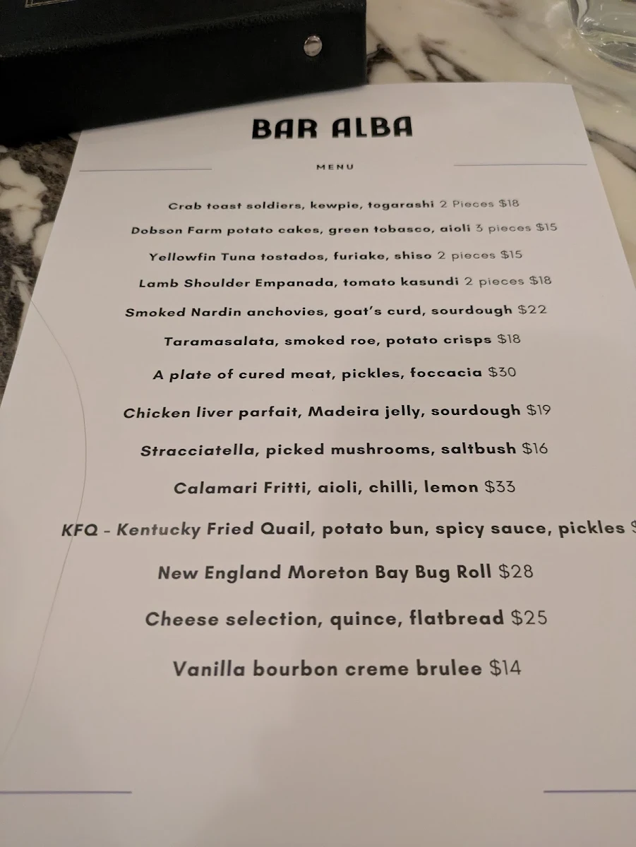 Menu, Bar Alba