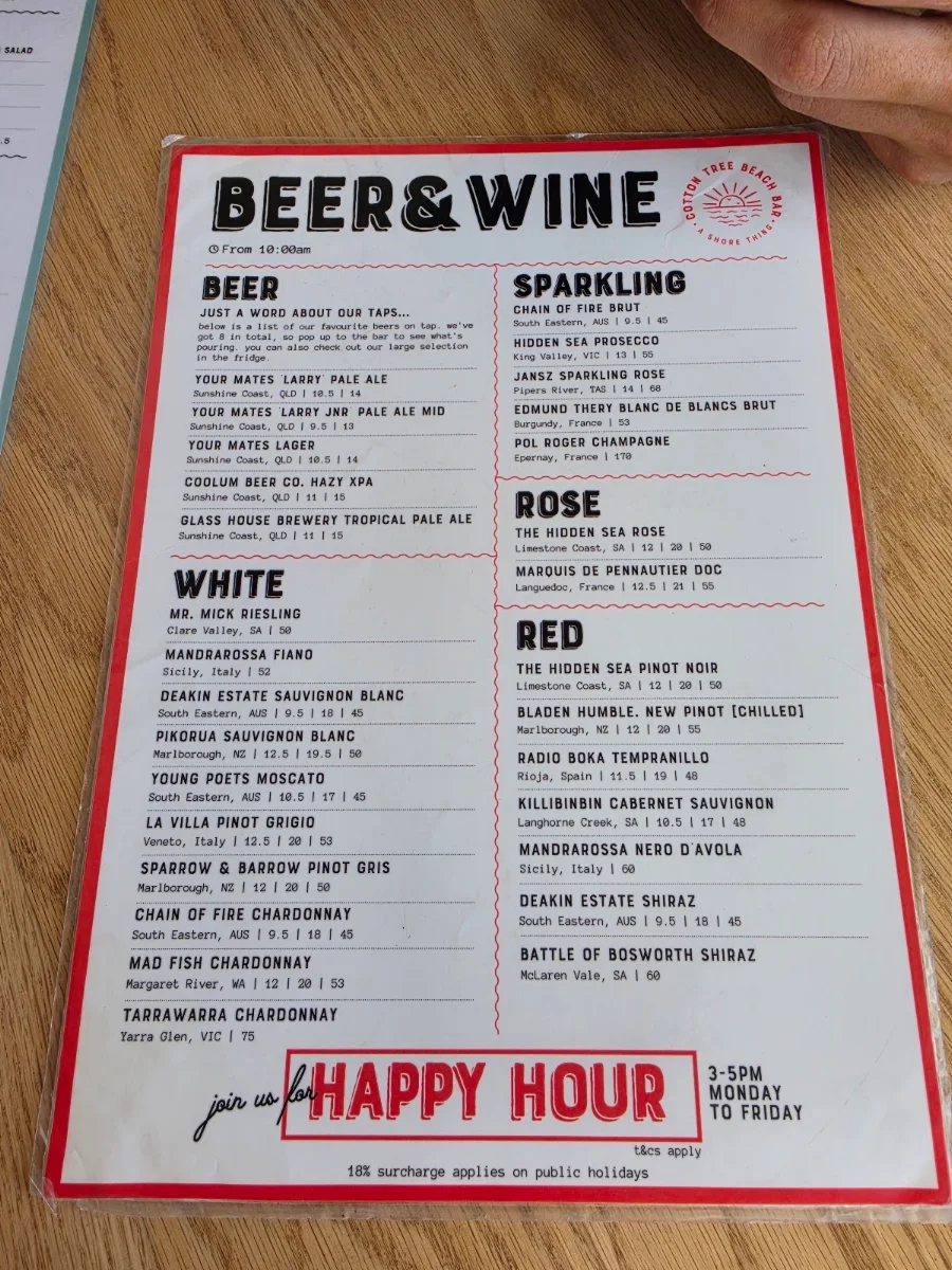 Menu, Cotton Tree Beach Bar