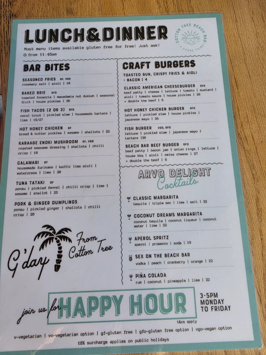 Menu, Cotton Tree Beach Bar