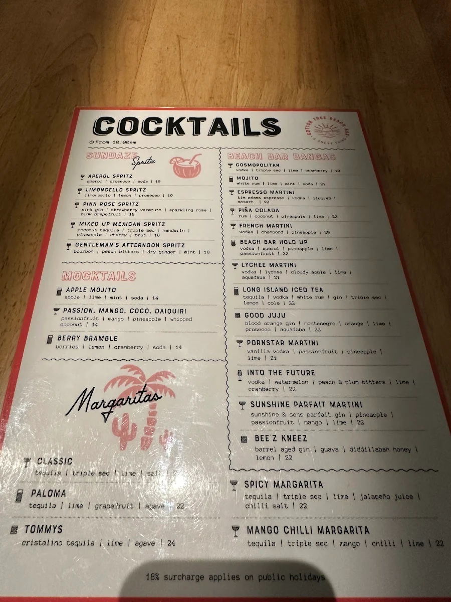 Menu, Cotton Tree Beach Bar